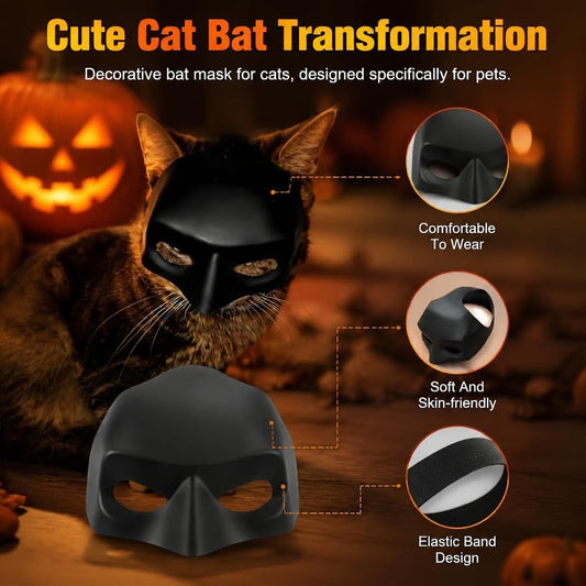 Side view of cat wearing adjustable black bat helmet costume