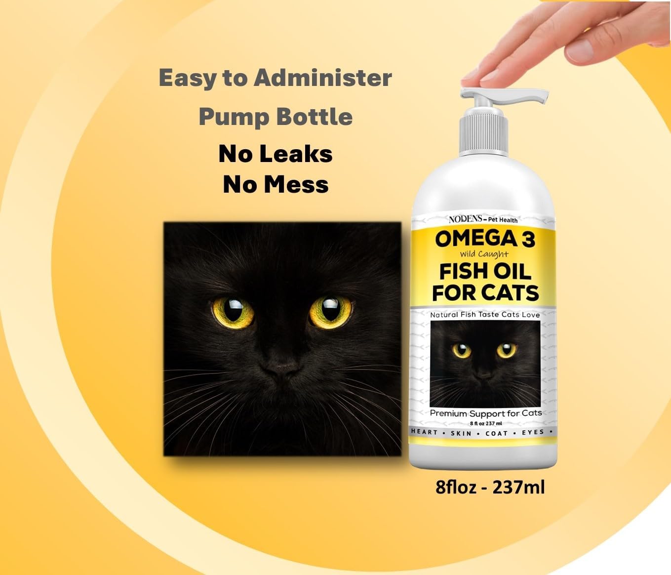 Nodens liquid pet supplement being pumped onto cat food for easy daily administration