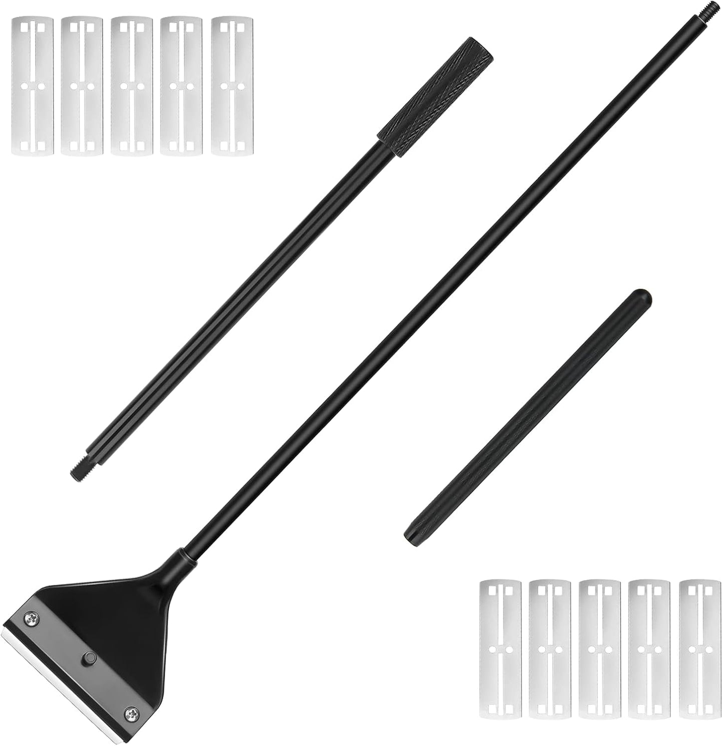 Complete aquarium cleaning kit displaying long handle scraper and ten extra blades.