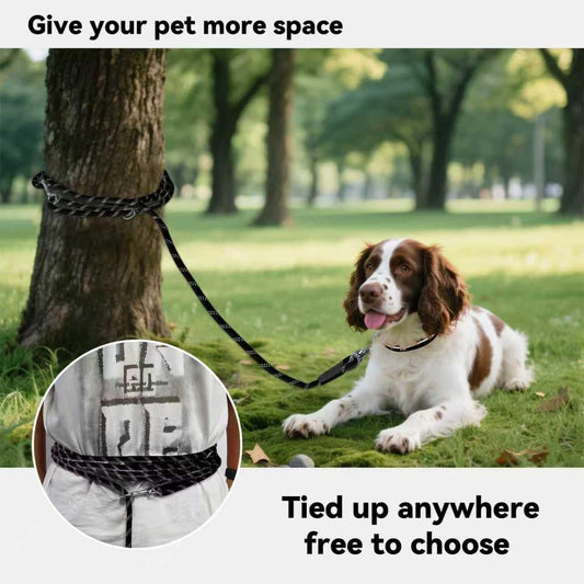 Reflective long line dog lead with zinc alloy swivel hook close up