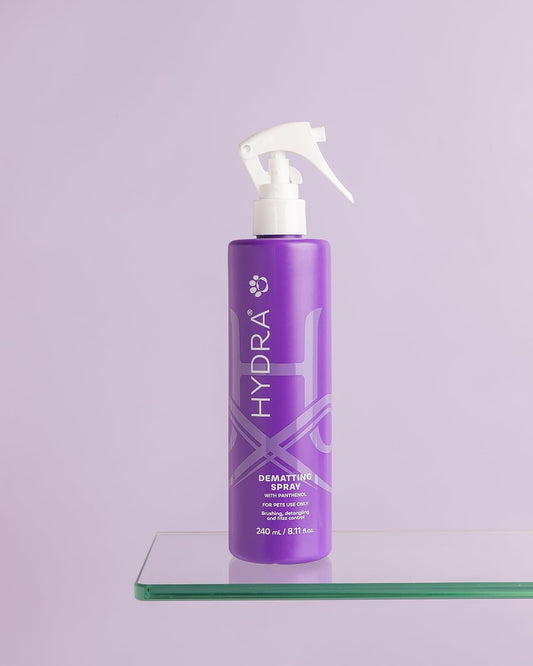 Close up of Hydra pet detangler spray for long hair dogs and cats