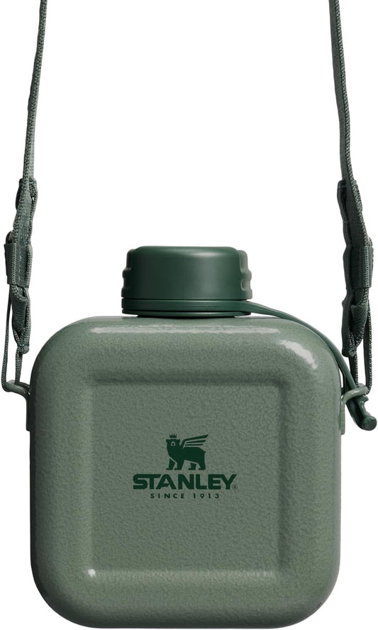 Stanley lightweight stainless steel water bottle showcasing the attached nylon shoulder strap.