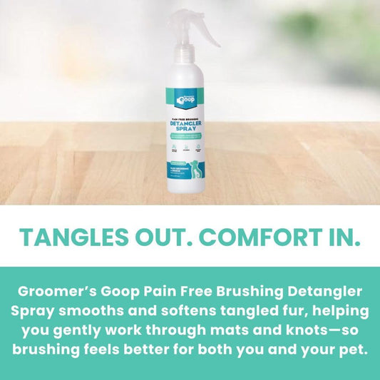 Leave-in pet detangling and shine spray for dogs and cats removing mats.