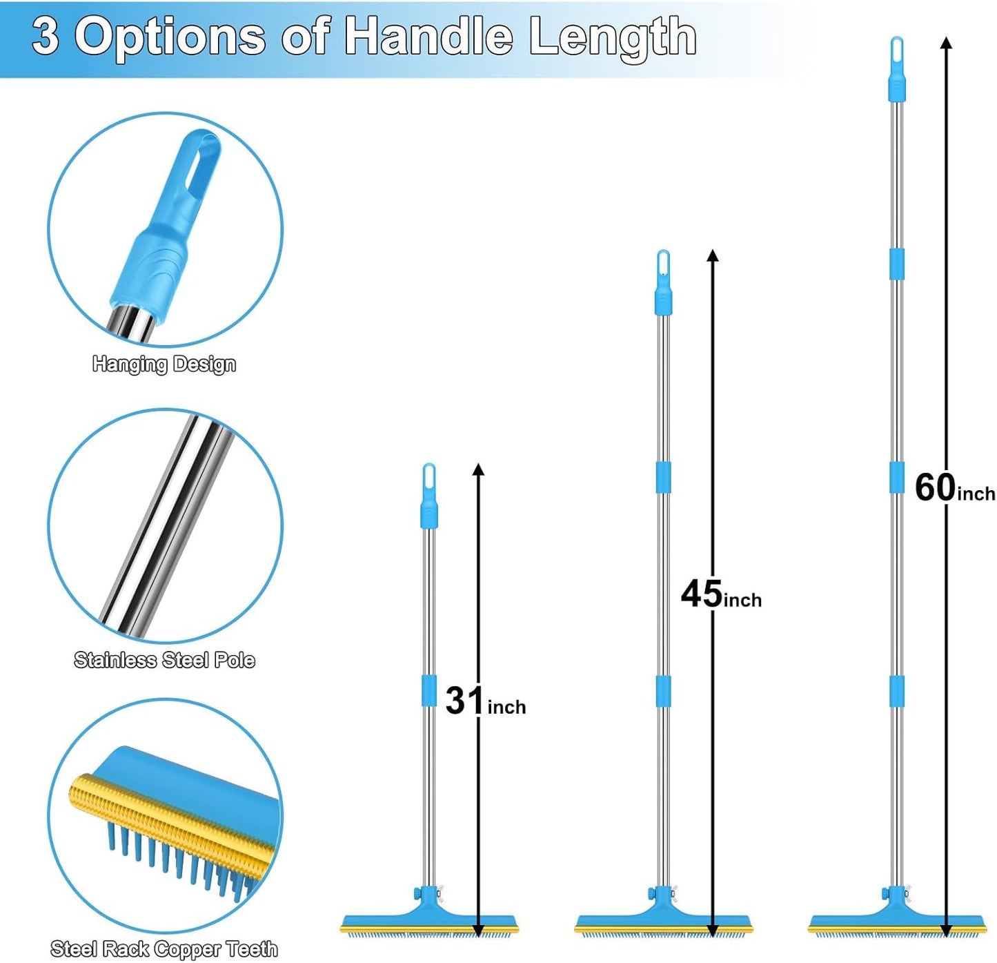 mupapi Carpet Rake for Pet Hair Removal, Reusable Pet Hair Remover Broom, 60'' Adjustable Long Handle Dog and Cat Hair Remover Tool Set of 3, Lint Remover Scraper for Carpets, Rugs, Mats, Couch, Car - Image 9