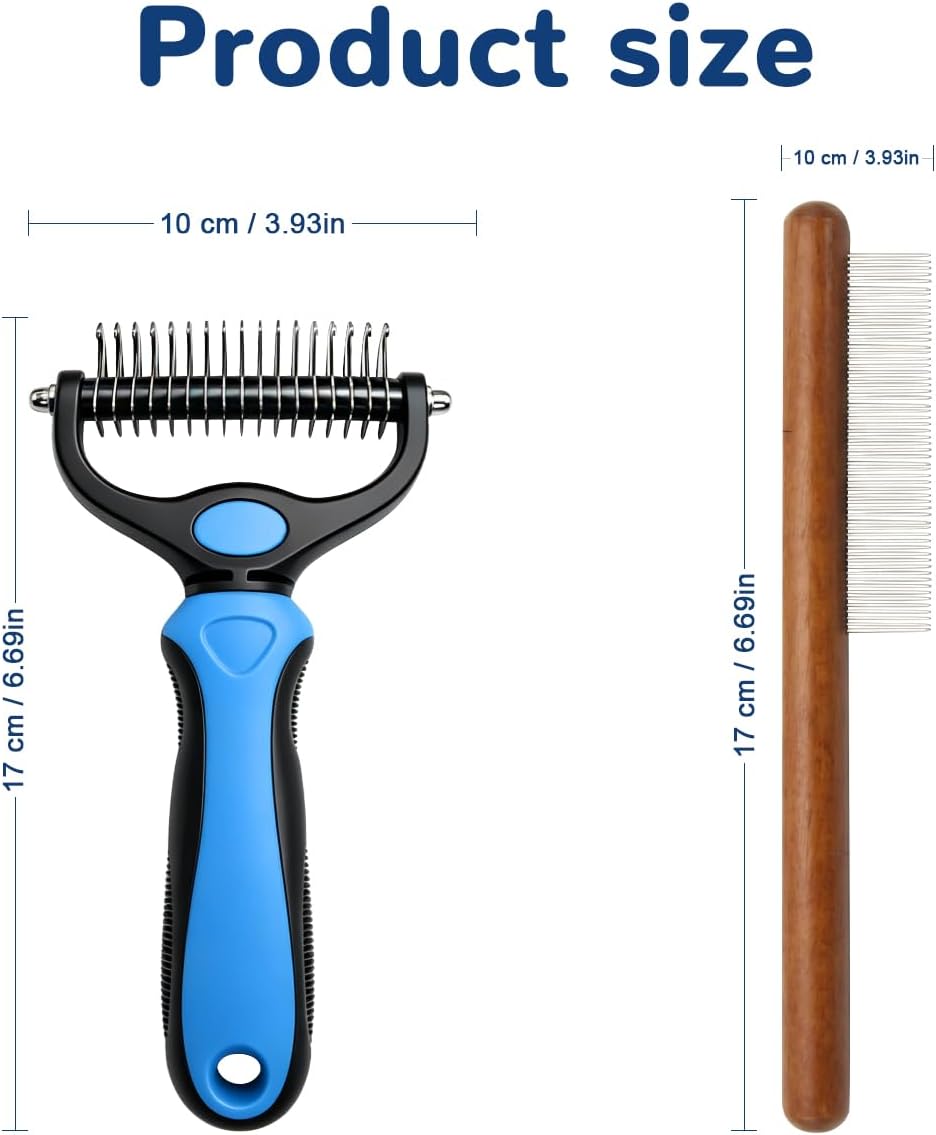Pet Pro Grooming Tool for Dogs & Cats, 2-in-1 Blue Deshedding Brush & Wooden-Handle Steel Comb, Undercoat Rake for Long Hair Thick Coats, Painless Dematting Removes Tangles Knots & Loose Fur - Image 9