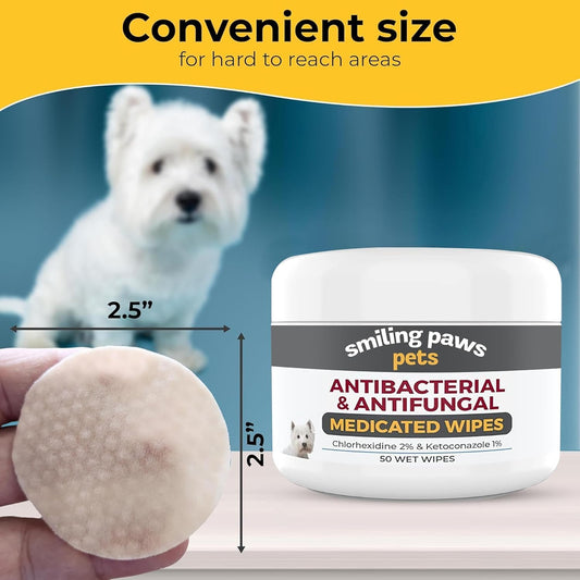 Smiling Paws Pets medicated wipes showing texture and thickness for dog paw cleaning.