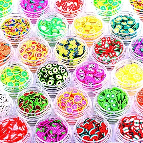 Detailed flat lay of twenty four different miniature fruit styles for cosmetics