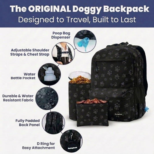 Rubyloo pet diaper bag backpack showcasing ten organization pockets filled with dog supplies.