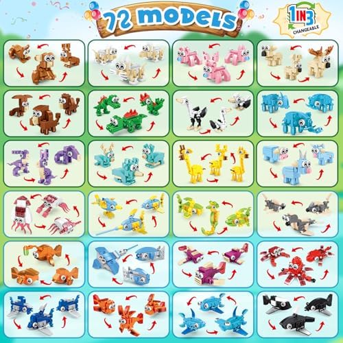 A selection of assembled 3 in 1 land and ocean animal mini blocks displayed together