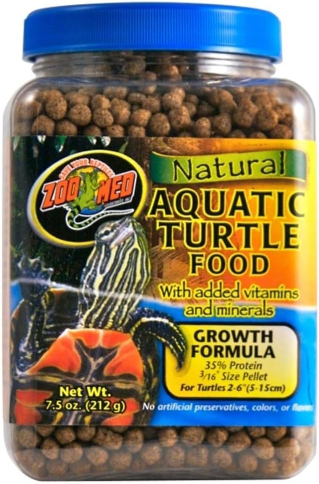 Close up view of authentic Zoo Med premium imported turtle food container showing product details.