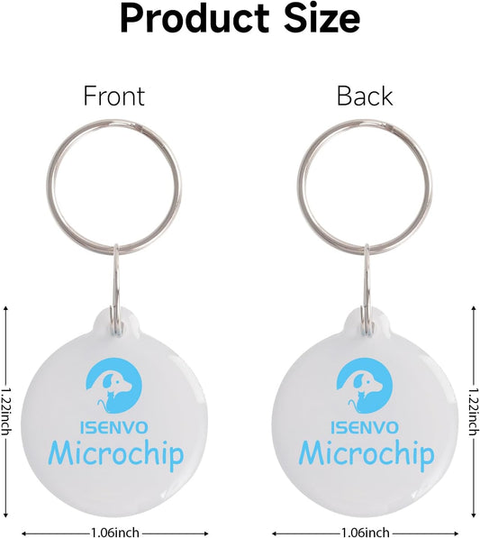Close up of smart pet feeder tags with blue logo and included stainless steel rings