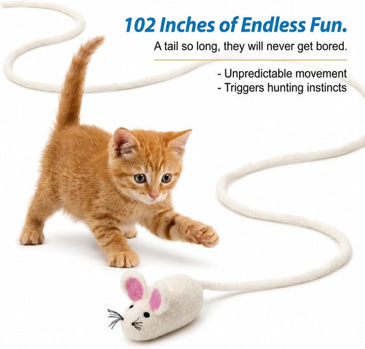 Glaciart One interactive catnip toy with a long stretchable tail extended on the floor