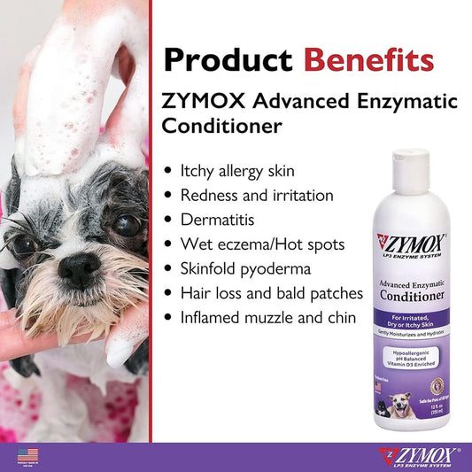 Zymox pet leave in conditioner packaging displaying patented LP3 enzyme system details.