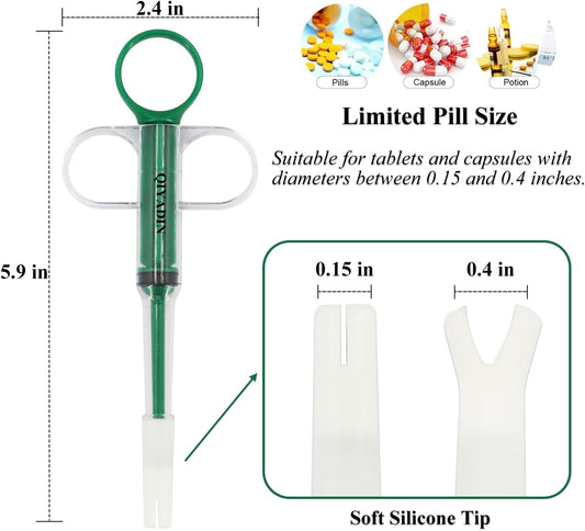 QIYADIN pet pill gun with fixed anti fall soft silicone tip holding a tablet