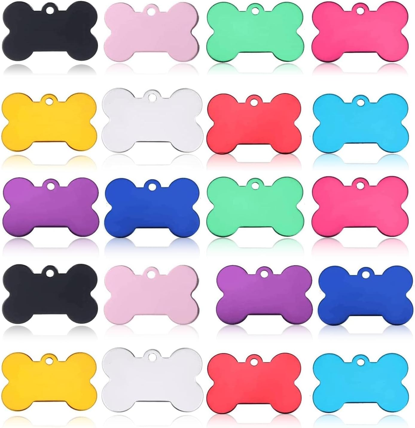 JIAKAI blank bone shape pet id tags front view assortment of colorful engravable aluminum charms