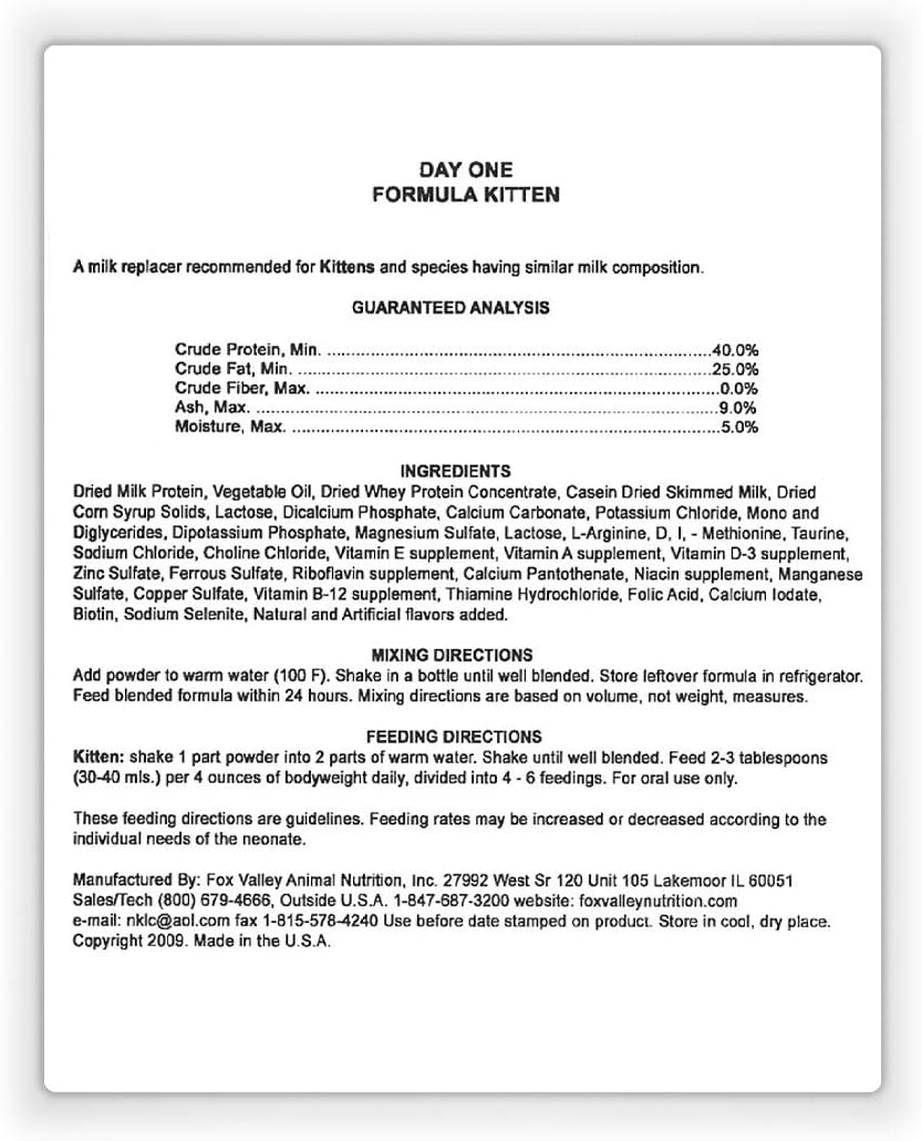 Fox Valley Day One Kitten Formula powdered milk nutritional supplement packaging back view showing ingredients and mixing instructions