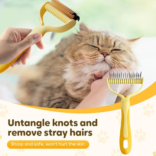 Blue undercoat rake deshedding tool for dogs and cats with dual-sided blades.