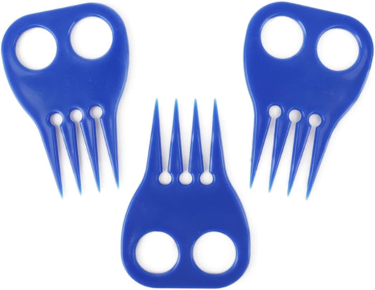 Blue plastic braiding tools for horses with finger holes