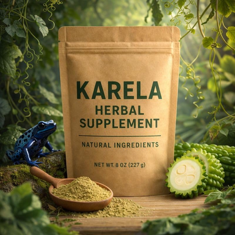 Pure natural bitter gourd supplement powder view showing authentic Ayurvedic nutrition facts.