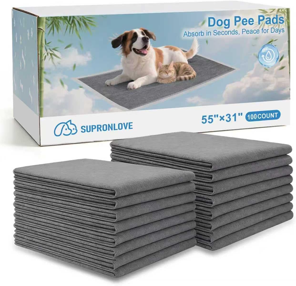 A pack of forty Supronlove ultra large black puppy pads showing odor control features.