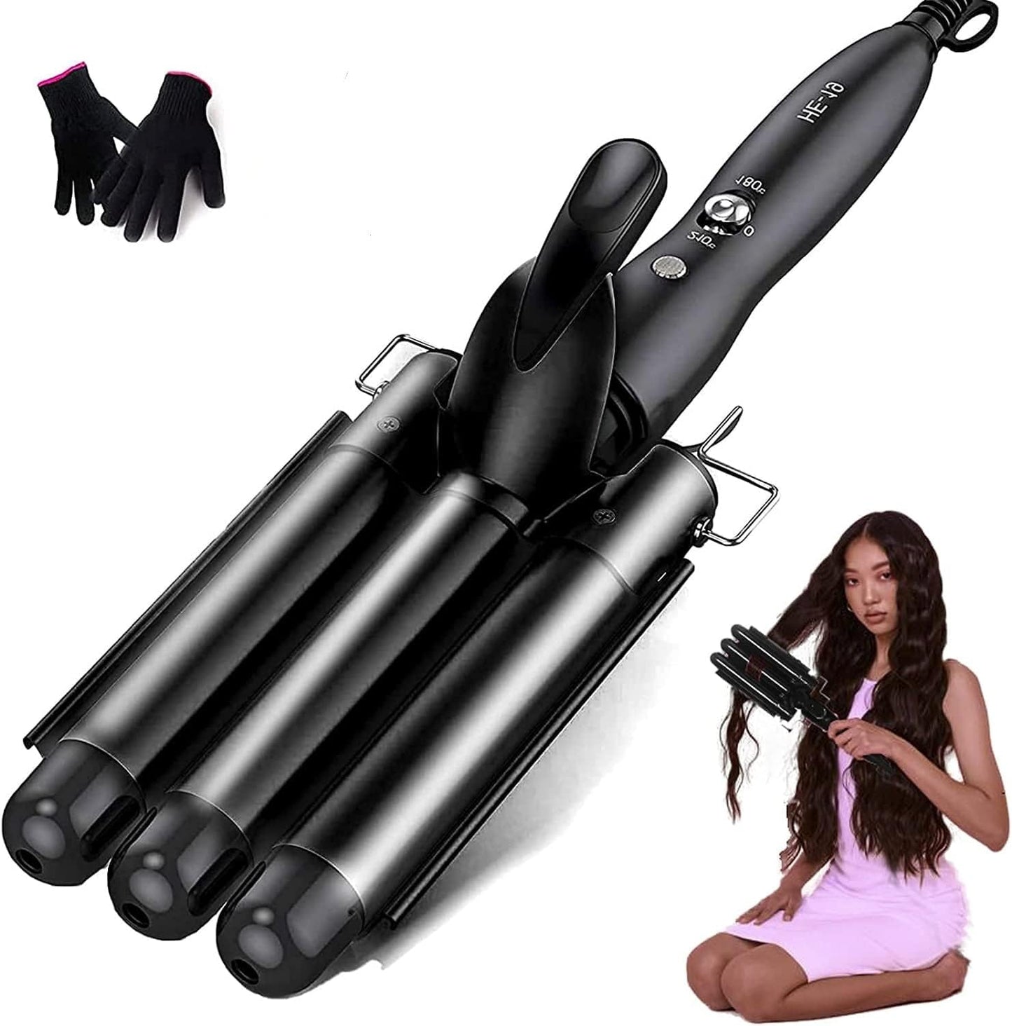 EYOBE Tourmaline Ceramic 3 Barrel Curling Iron and Waver in black showing the triple barrels for beach waves styling.