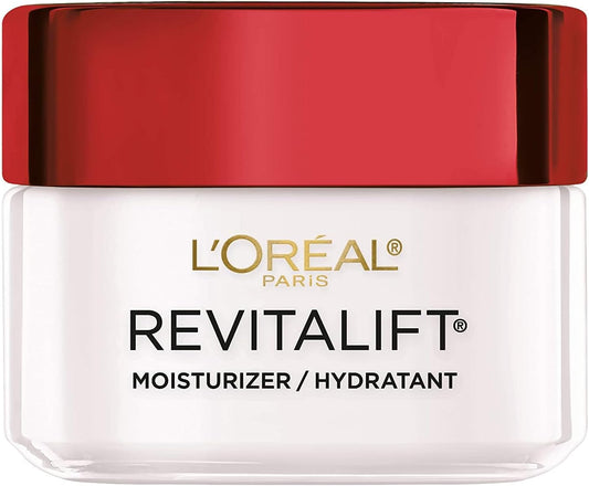 L'Oreal Paris Revitalift anti-aging facial cream jar showing product texture