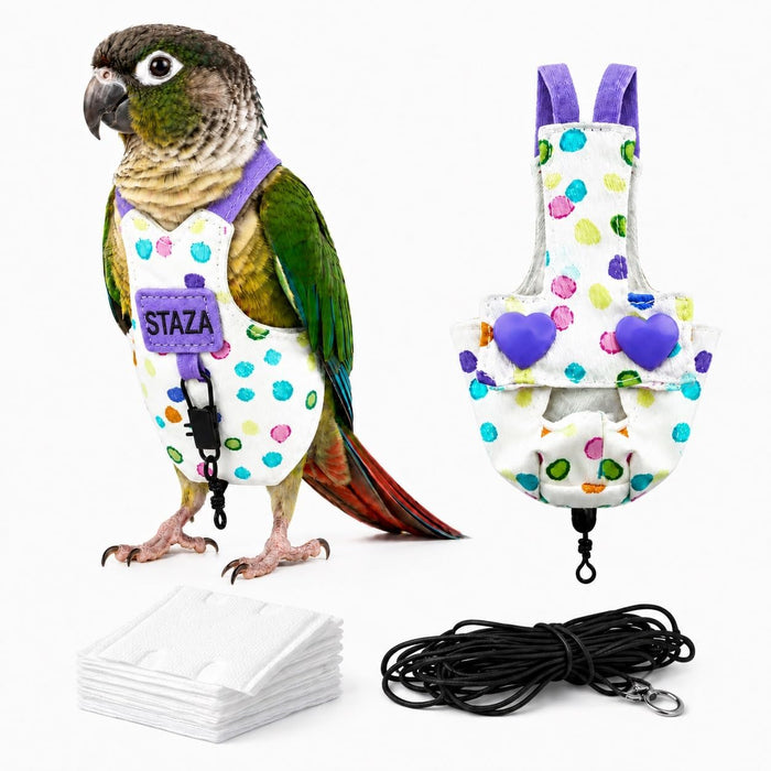 STAZA bird diaper flight suit front view with polka dot pattern