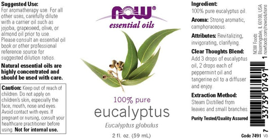 Now Foods pure steam distilled eucalyptus oil label showing ingredients and directions