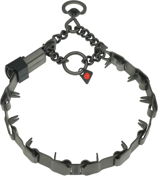 Black stainless steel no-pull dog collar with secure side buckle close up