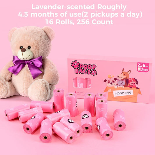 Pink lavender scented pet waste bags rolls showing easy tear breakpoint