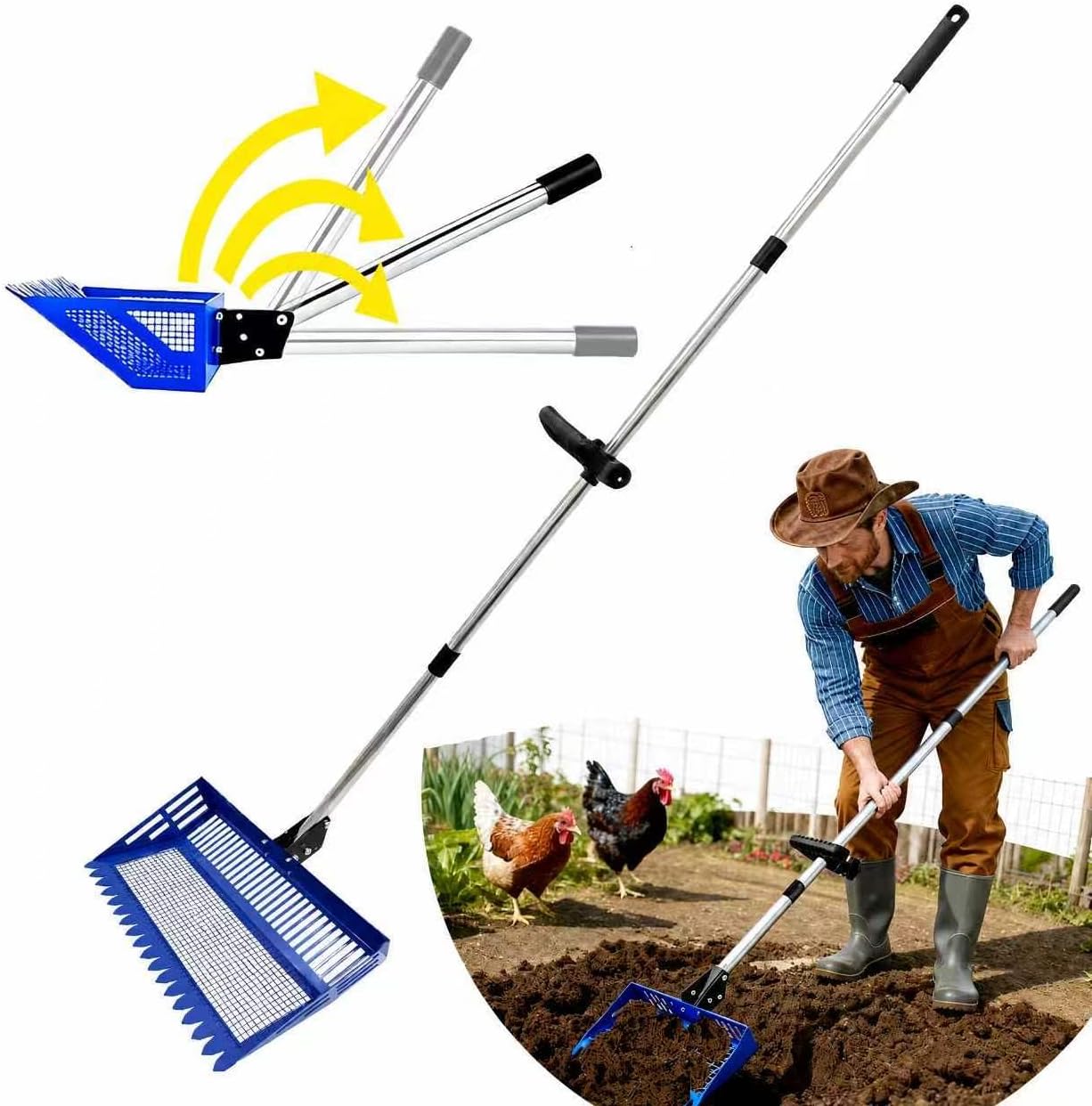 Side angle view of the durable JOYANDRO chicken coop cleaning tool showing the deep bowl design.