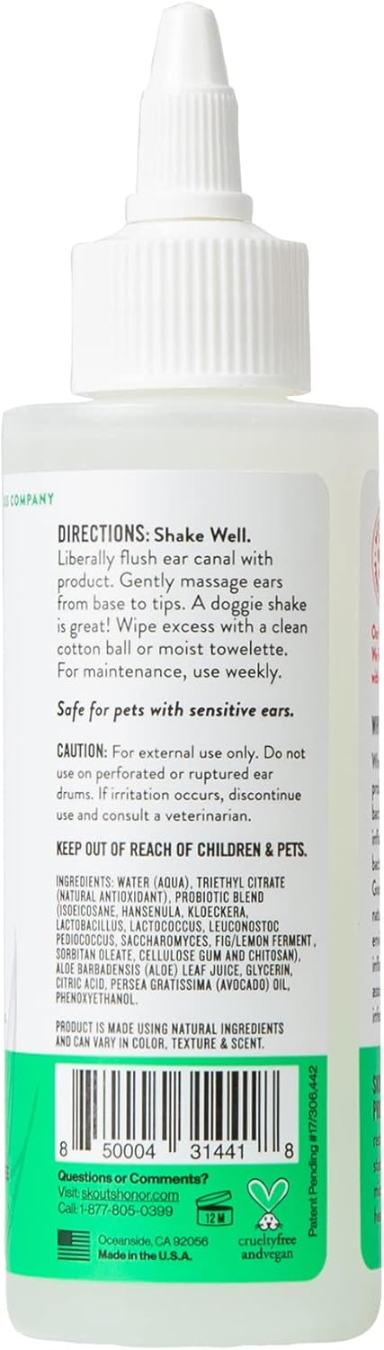 Close up of Skout's Honor probiotic pet ear wash bottle label