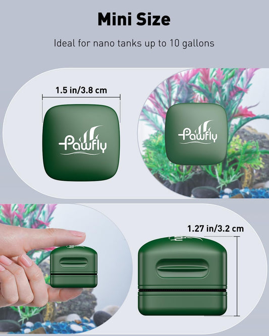 Compact magnetic fish tank cleaner highlighting the dual sided scrubbing and wiping pads.