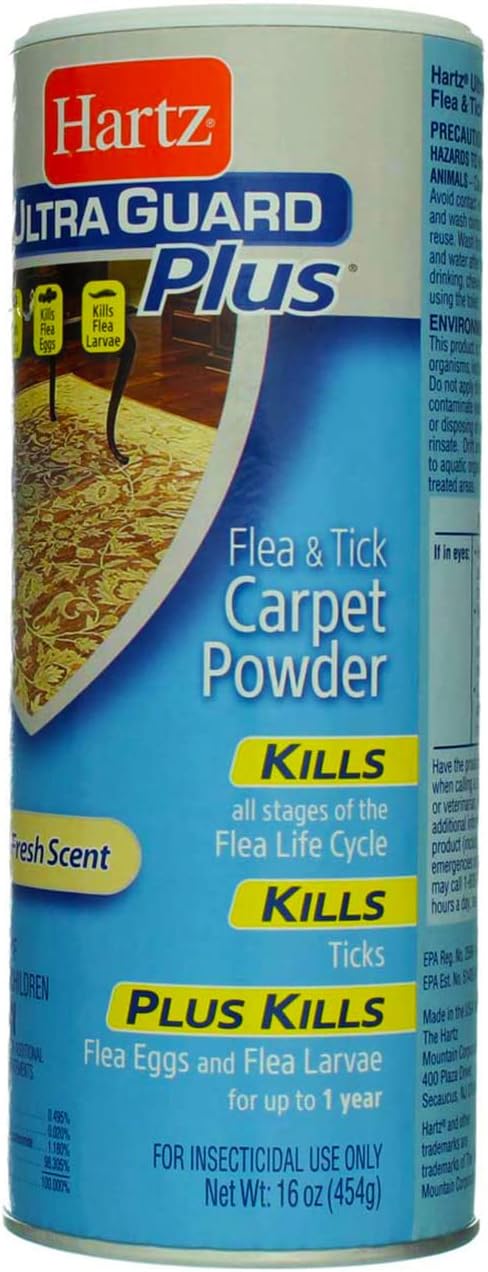 Sixteen ounce container of Hartz flea treatment powder for household floor protection
