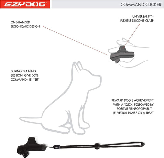 Hands free finger clicker for dogs showing the adjustable wrist strap design.