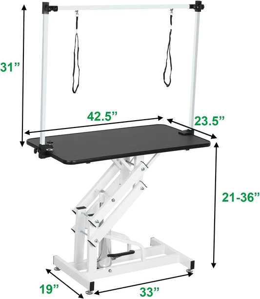 Afqxf 42 inch professional pet grooming station with height adjustable hydraulic lift mechanism.