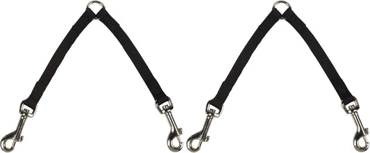 Close up view of the durable black nylon webbing and nickel-plated swivel clips on the dual dog walker