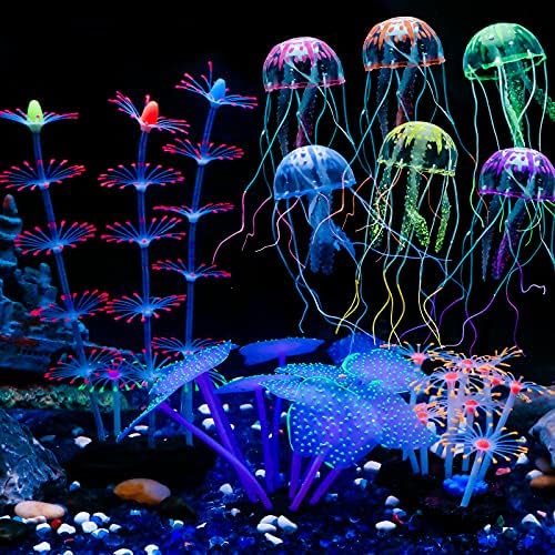 Uniclife artificial aquarium ornaments showcasing six mini floating jellyfish swaying gently in a water tank.