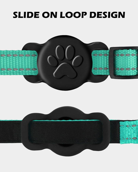 Dynmeow anti lost small pet tracking case showing the flexible single piece slide on loop mechanism