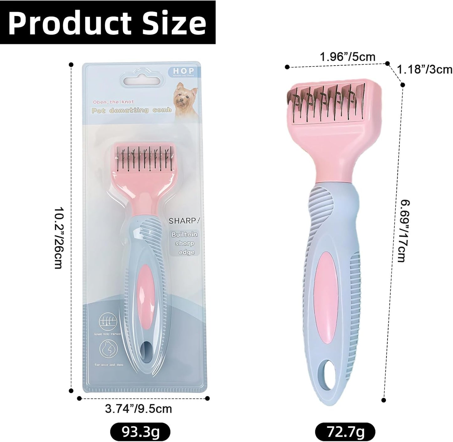 Premium packaging view of the USA imported HOP Home of Paws pink grooming rake.