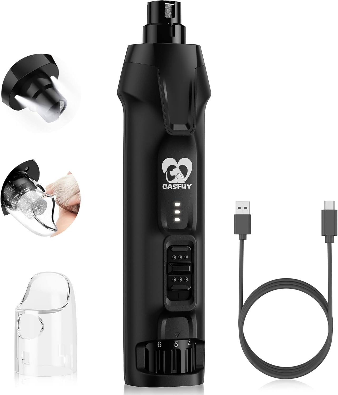 Casfuy 6-Speed Dog Nail Grinder - 50%+ Boost Power Dog Nail Trimmers Quiet with Dust Cap & 2 LED Lights & 2000mAh Battery & 4.8V Motor Electric Pet Toenail File Tool for Large Medium Small Dogs Cats - Image 10