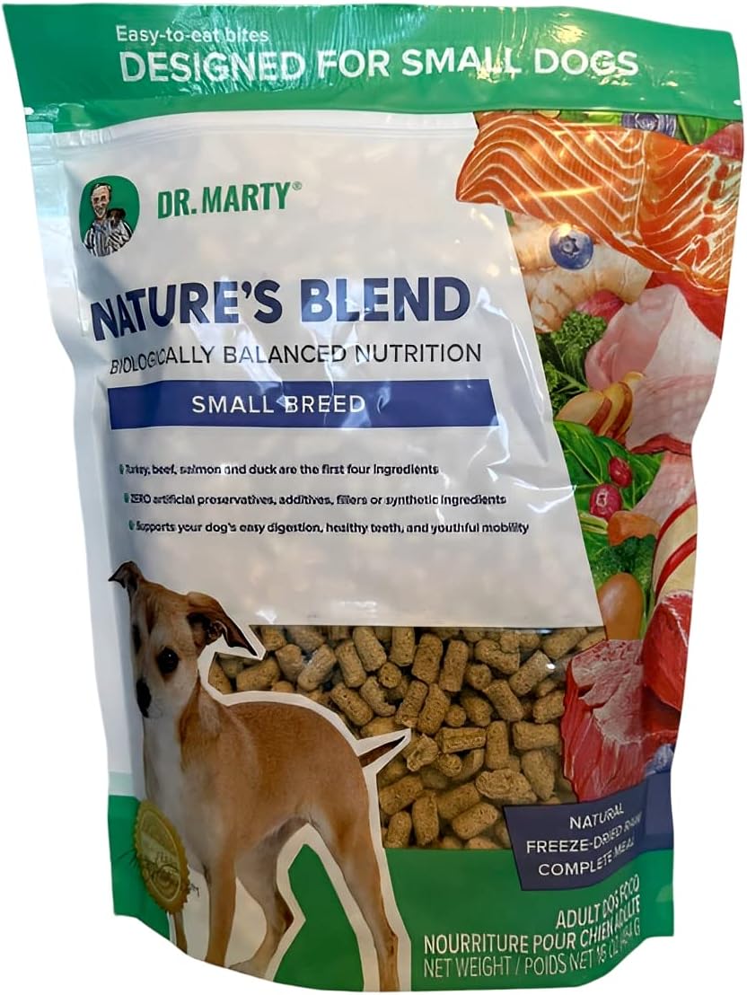 Authentic Dr Marty small breed freeze dried raw dog food bag showing premium ingredients information.