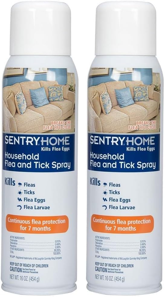 Close up of Sentry Home Household Flea and Tick Spray product packaging