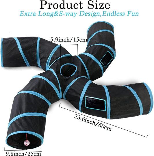 S-shaped interactive cat play maze with five peek holes and hanging toy ball