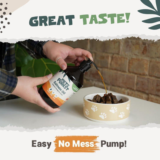 Pets Purest Salmon Oil natural omega supplement pump dispenser close up