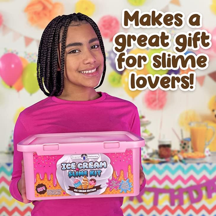Final decorated fluffy and foam slimes presented in toy dessert bowls and cupcake containers.