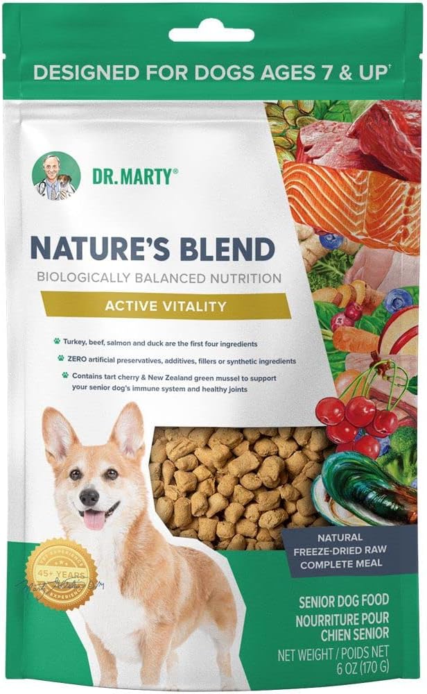 Dr. Marty Nature's Blend Active Vitality premium senior canine food ingredients and nutritional information label view