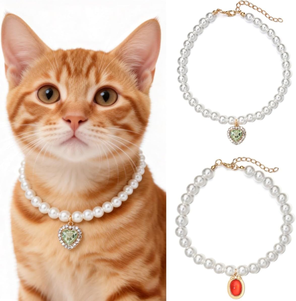 Cat Dog Sparkle Jewelry Pearl Collar Puppy Kitten Rhinestone Pendant Adjustable Charm Necklace for Small Pets Wedding Photography 2 Pack (Purple and Emerald Green) - Image 9