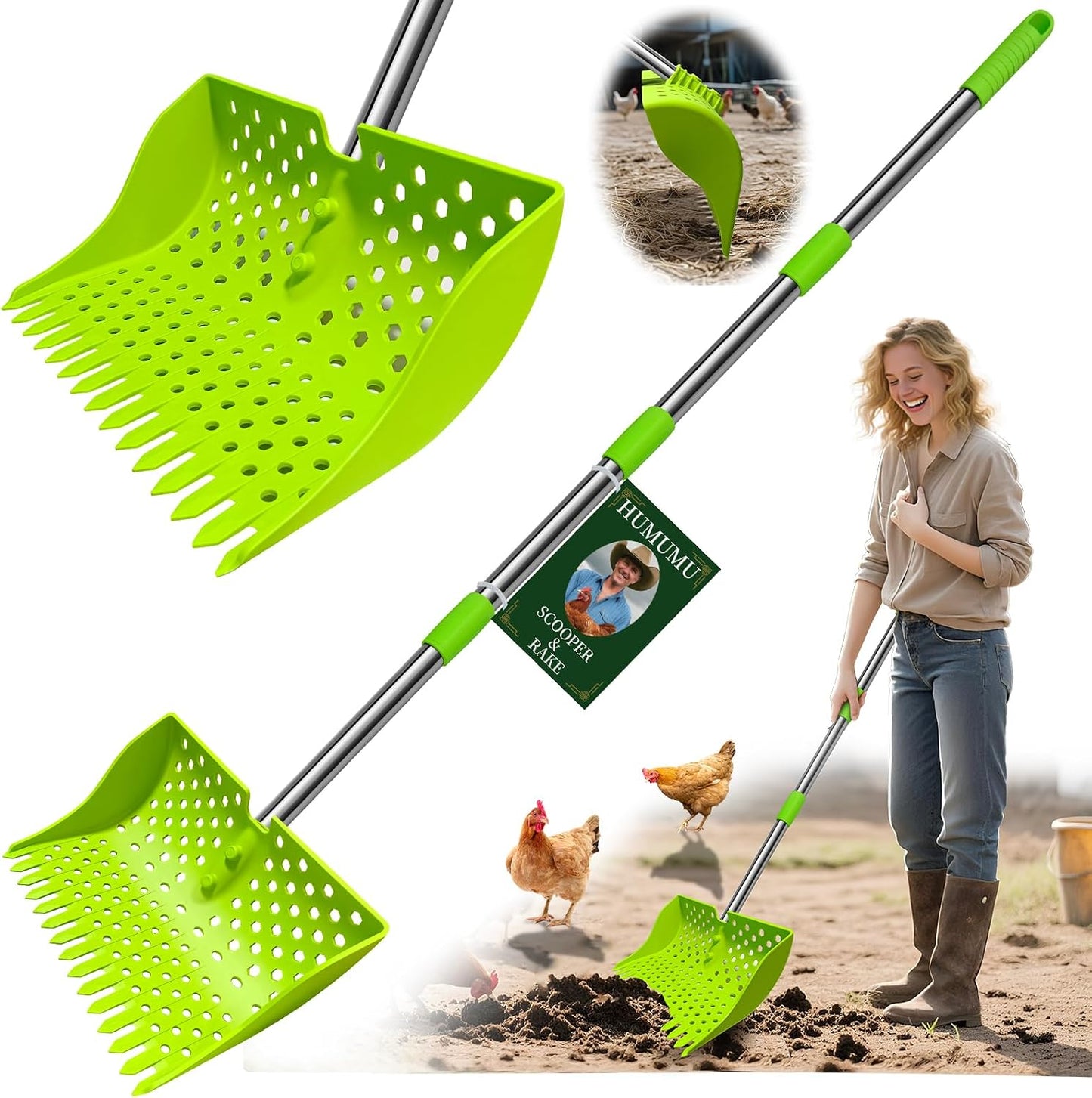 12" 2-in-1 Chicken Poop Scooper & Rake (US Patent No. D1124534), 3-Shape Sifting Holes Chicken Coop Rake, Stainless Steel Handle (20-61") - Litter Scoop Sand & Sifting Shovel (Black) - Image 10
