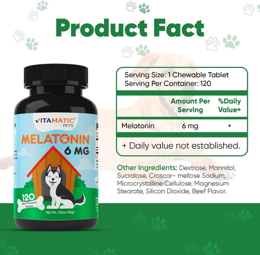 Vitamatic pet anxiety and sleep support supplement packaging showing dog relaxation benefits.